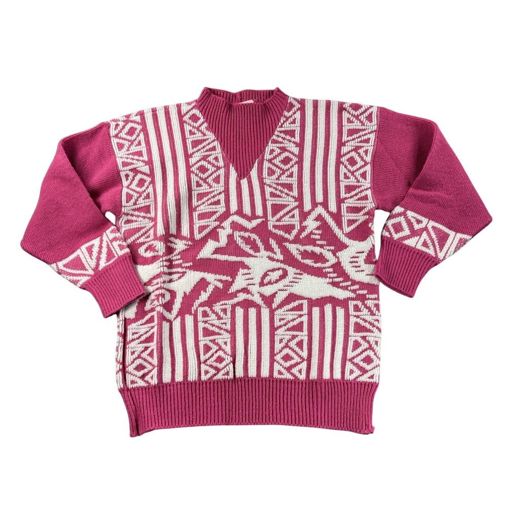 Vintage Sweater Womens Justin Allen Pink White Abstract 80s 90s Retro Y2K‎ USA